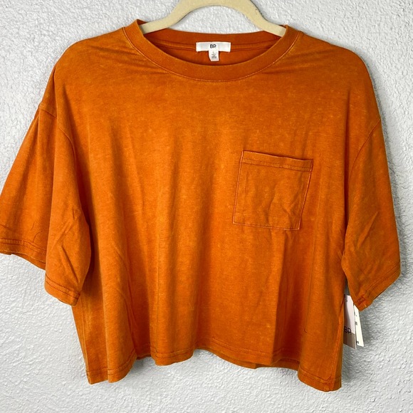 BP. Cropped TShirt Large Womens Orange Short Sleeve Distressed Front Pocket - Picture 2 of 11